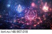 A digital representation of advanced quantum technology concepts featuring glowing geometric shapes and connective lines on a dark backdrop. Стоковое AI-изображение, AI-художник Данила Большаков / Фотобанк Лори