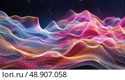 A computer generated depiction of a vast mountain range, featuring jagged peaks and deep valleys under a clear blue sky. Стоковое AI-изображение, AI-художник Данила Большаков / Фотобанк Лори