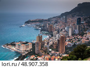 Monaco, Monte-Carlo, 05 april 2016: Monte-Carlo aerial view, night lights, night city, port Hercule, Prince Palace of Monaco, mountain, skyscrapers, mediterranean sea. Стоковое фото, фотограф Vladimir Drozdin / Фотобанк Лори