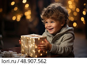 Joy Unveiled: A Young Boy Embraces the Mysteries Within a Gift Box. Стоковое AI-изображение, AI-художник Данила Большаков / Фотобанк Лори