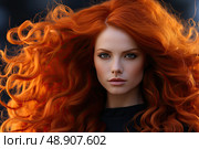 Fiery Essence: A Captivating View of a Crimson-Haired Enchantress, A close-up of a beguiling woman with vibrant red hair, exuding an aura of fascination and allure. Стоковое AI-изображение, AI-художник Данила Большаков / Фотобанк Лори