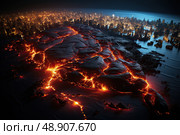 Erupting Night: A Volcanic Giant Awakens Beside Slumbering City Skies. Стоковое AI-изображение, AI-художник Данила Большаков / Фотобанк Лори