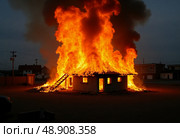 Bright orange flames tower over a fire house building as it is consumed by fire. The darkening sky adds to the intensity of the scene, highlighting the urgency of the situation Generative AI. Стоковое AI-изображение, AI-художник Юлия Петровская / Фотобанк Лори