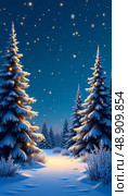 Snow-covered trees stand tall, adorned with twinkling lights, as a quiet pathway invites peaceful wanderers to embrace the magic of winter during the holiday season Generative AI. Стоковое AI-изображение, AI-художник Юлия Петровская / Фотобанк Лори
