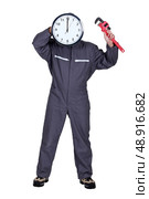 mechanic posing with a clock instead of his head. Стоковое фото, агентство Ingram Publishing / Фотобанк Лори
