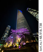 Shanghai, China - 1 April 2025: Night view of Shanghai World Financial Center with purple-lit cherry blossoms and city lights in Lujiazui district. Редакционное фото, фотограф Татьяна Терехина / Фотобанк Лори