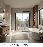 Spacious bathroom with heated floors and shower, interior. Стоковое AI-изображение, AI-художник Евгений Ткачёв / Фотобанк Лори