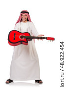 Arab man playing guitar isolated on white. Стоковое фото, агентство Ingram Publishing / Фотобанк Лори