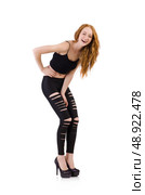 Girl with torn leggings on white. Стоковое фото, агентство Ingram Publishing / Фотобанк Лори