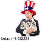 Businesswoman with sacks of money on white. Стоковое фото, агентство Ingram Publishing / Фотобанк Лори