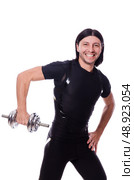 Man training with dumbbells on white. Стоковое фото, агентство Ingram Publishing / Фотобанк Лори