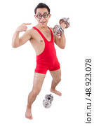 Funny guy exercising with dumbbells on white. Стоковое фото, агентство Ingram Publishing / Фотобанк Лори