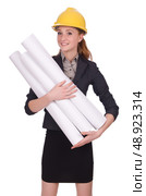 Young architect with drawings on white. Стоковое фото, агентство Ingram Publishing / Фотобанк Лори
