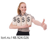 Young businesswoman with money sacks on white. Стоковое фото, агентство Ingram Publishing / Фотобанк Лори