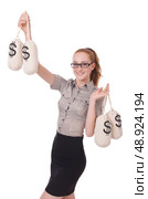 Young businesswoman with money sacks on white. Стоковое фото, агентство Ingram Publishing / Фотобанк Лори