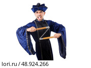 Martial arts master with nunchucks on white. Стоковое фото, агентство Ingram Publishing / Фотобанк Лори