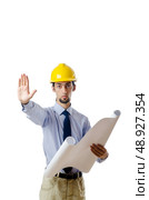 Engineer working with drawings on white. Стоковое фото, агентство Ingram Publishing / Фотобанк Лори