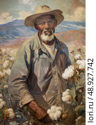 An oil painting depicting a man in a cotton field, picking cotton with his left hand. Стоковое AI-изображение, AI-художник Данила Большаков / Фотобанк Лори