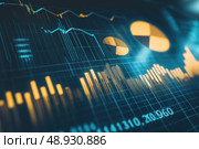 Abstract financial data display with blue and orange lines and graphs. Futuristic analytics dashboard with vibrant screen monitor. Data visualizations, advanced technology. Technical growth, progress. Стоковое AI-изображение, AI-художник Марина Демидюк / Фотобанк Лори