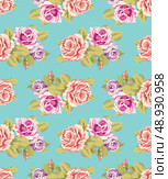 Seamless wallpaper pattern with of purple and pink roses on turquoise background, vector illustration. Стоковая иллюстрация, агентство Ingram Publishing / Фотобанк Лори