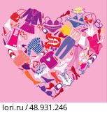 I Love Shopping image, the heart is made of different female fashion accessories and glamor clothes. Стоковая иллюстрация, агентство Ingram Publishing / Фотобанк Лори