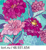 Floral Seamless Pattern with hand drawn flowers -  chrysanthemum and peony. . Стоковая иллюстрация, агентство Ingram Publishing / Фотобанк Лори