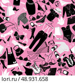 Seamless pattern for fashion Design - Silhouettes of glamor clothes and accessories - Black and white images on  pink background. Стоковая иллюстрация, агентство Ingram Publishing / Фотобанк Лори