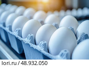 Chicken Eggs on a conveyor belt. Hatching and poultry farming. Egg factory industry. Egg selection process and grading production line with fresh eggs. Automated business, organic farming concept. Стоковое AI-изображение, AI-художник Марина Демидюк / Фотобанк Лори