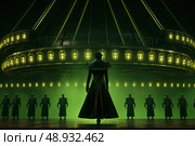 Commanding figure stands at the forefront under a massive dome illuminated by green lights, flanked by rows of armor-clad guards in a symmetrical nighttime gathering. Стоковое AI-изображение, AI-художник Данила Большаков / Фотобанк Лори