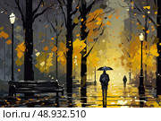 Person gracefully walking with an umbrella, adorned in a rain-soaked setting. Стоковое AI-изображение, AI-художник Данила Большаков / Фотобанк Лори