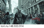 A costumed skeleton figure walks through a city street during a Halloween parade. The figure is surrounded by other costumed individuals and spectators. Стоковое AI-изображение, AI-художник Данила Большаков / Фотобанк Лори