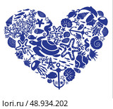 Heart is made of fishes, korals, shells, starfishes, dolphins, seahorses, tortillas. Стоковая иллюстрация, агентство Ingram Publishing / Фотобанк Лори