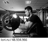 biceps preacher bench arm curl workout man at fitness gym. Стоковое фото, агентство Ingram Publishing / Фотобанк Лори