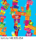 Seamless pattern with colorful gift boxes, presents and teddy bears on blue background. Ready to use as swatch. Стоковая иллюстрация, агентство Ingram Publishing / Фотобанк Лори