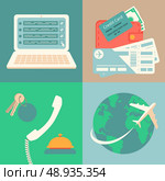 Vacation reservation and booking icons set with hands for vacation trip payment and ticket purchase vector illustration. Стоковая иллюстрация, агентство Ingram Publishing / Фотобанк Лори