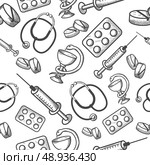 Seamless background of medical items of phonendoscope pills and syringe isolated vector illustration. Стоковая иллюстрация, агентство Ingram Publishing / Фотобанк Лори