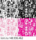 Set of seamless pattersn with glamour girl portraits - black silhouettes. Princess accessories and furniture. Black and white, color pictures. Ready to use as swatch. Стоковая иллюстрация, агентство Ingram Publishing / Фотобанк Лори
