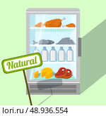 Natural foods of chicken fish meat and dairy products in refrigerator vector illustration. Стоковая иллюстрация, агентство Ingram Publishing / Фотобанк Лори