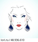 Elegant young model face with expressive eyes wearing earrings isolated vector illustration. Стоковая иллюстрация, агентство Ingram Publishing / Фотобанк Лори