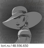 Vintage cinema woman portrait wearing broad-brim hat vector illustration. Стоковая иллюстрация, агентство Ingram Publishing / Фотобанк Лори
