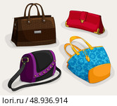 Fashion woman's bags collection of classic leather bag handbag satchel and clutch isolated vector illustration. Стоковая иллюстрация, агентство Ingram Publishing / Фотобанк Лори