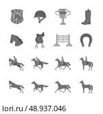 Horse with riders flat icons set of cup barrier saddle and horseshoe isolated vector illustration. Стоковая иллюстрация, агентство Ingram Publishing / Фотобанк Лори