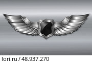 Black metal winged 3d shield emblem vector illustration. Стоковая иллюстрация, агентство Ingram Publishing / Фотобанк Лори