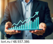 Economic collapse concept, businessman with falling financial graph chart due to global recession. Stock market crash, inflation, financial crisis, Falling income in GDP, capital return. Стоковое AI-изображение, AI-художник Sergey Grishin / Фотобанк Лори