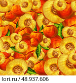 Seamless peach fruit sliced in half with seed leaves and juicy meat pattern hand drawn sketch vector illustration. Стоковая иллюстрация, агентство Ingram Publishing / Фотобанк Лори