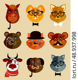 Decorative animal hipsters icons set cat horse dog and bear in hats and bow ties vector illustration. Стоковая иллюстрация, агентство Ingram Publishing / Фотобанк Лори