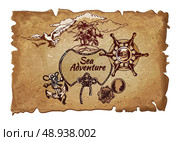 Sea adventure nautical design elements ancient pergament poster with steering wheel and anchor handdrawn vector illustration. Стоковая иллюстрация, агентство Ingram Publishing / Фотобанк Лори
