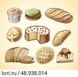 Puff pastry macaron croissant cheese cake and wheat rye bread doodle food icons set vector illustration. Стоковая иллюстрация, агентство Ingram Publishing / Фотобанк Лори