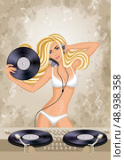 Night club sexy DJ girl holding LP vinyl record in white bikini with headphones print poster vector illustration. Стоковая иллюстрация, агентство Ingram Publishing / Фотобанк Лори