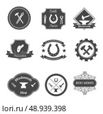 Blacksmith shop graphic labels collection set with ironwork gates decorative ornamental wrought iron fences isolated vector illustration. Стоковая иллюстрация, агентство Ingram Publishing / Фотобанк Лори